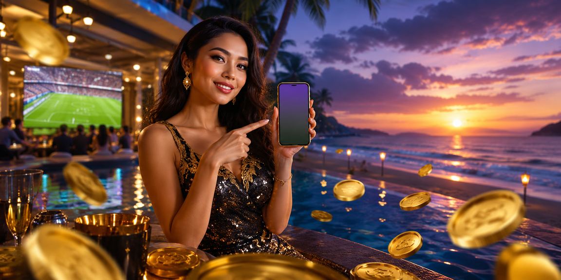 Pengguna mengakses aplikasi casino di pantai dengan suasana santai dan sinar matahari