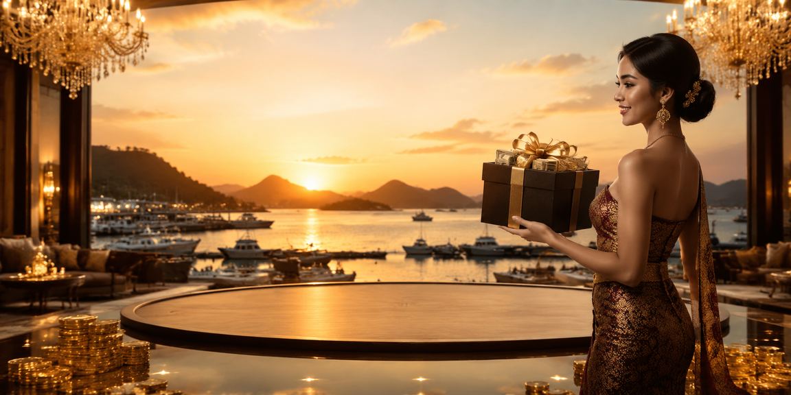 Model Vietnam berpose di depan meja casino dengan suasana malam yang elegan