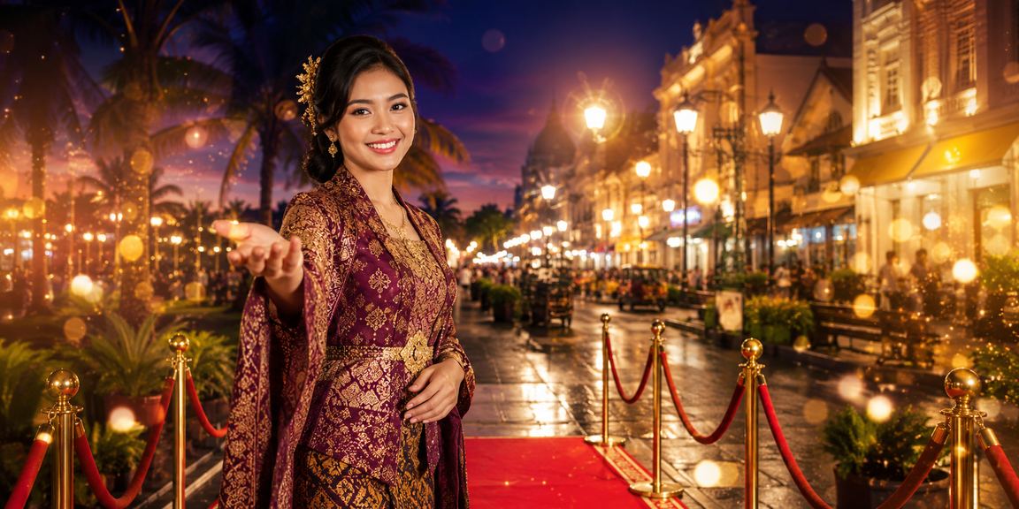 Model Vietnam berpose elegan di depan layar hiburan casino dengan pencahayaan mewah