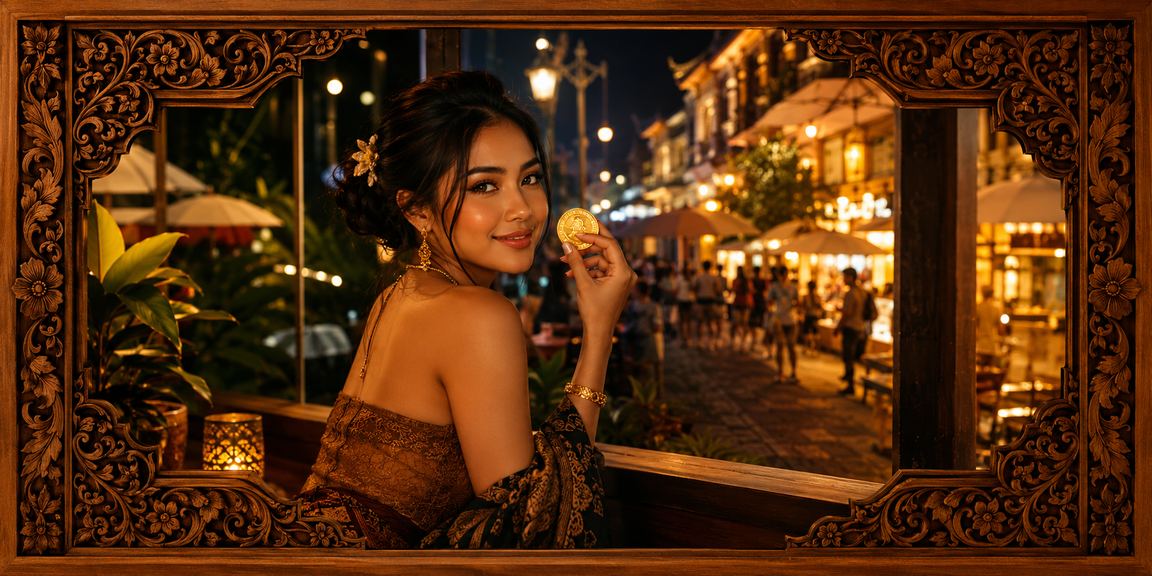 Suasana santai di kafe Vietnam dengan layar hiburan casino yang menerangi ruangan malam hari