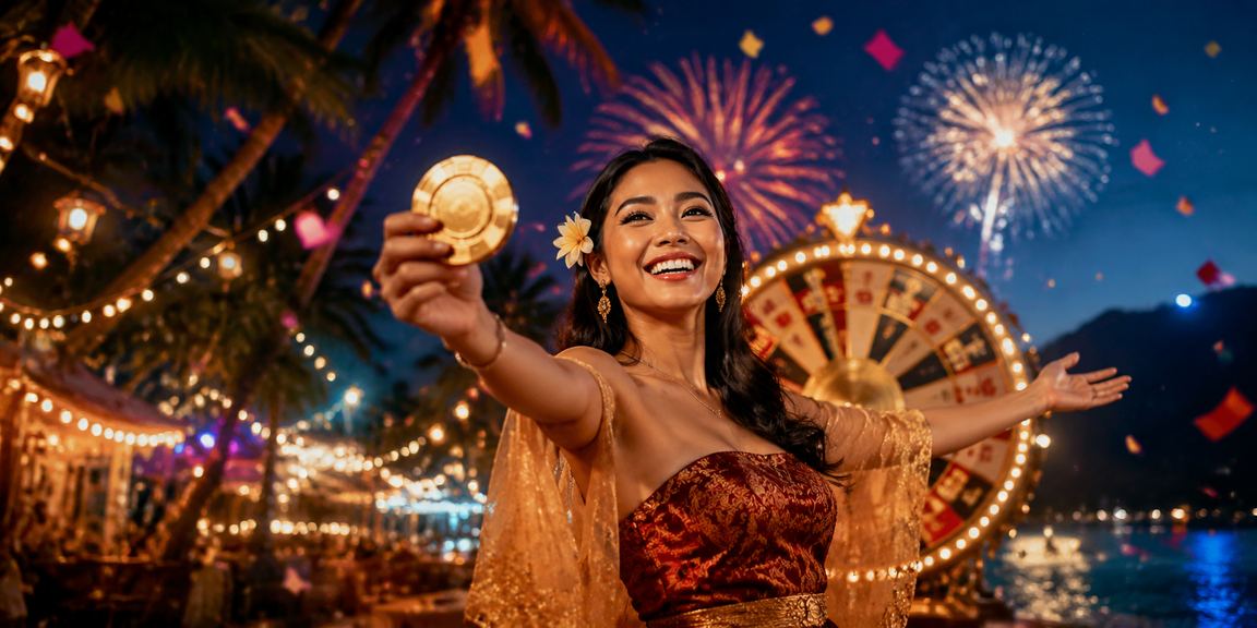 Suasana lucky draw malam di pasar tradisional Vietnam dengan keriuhan dan lampu warna-warni